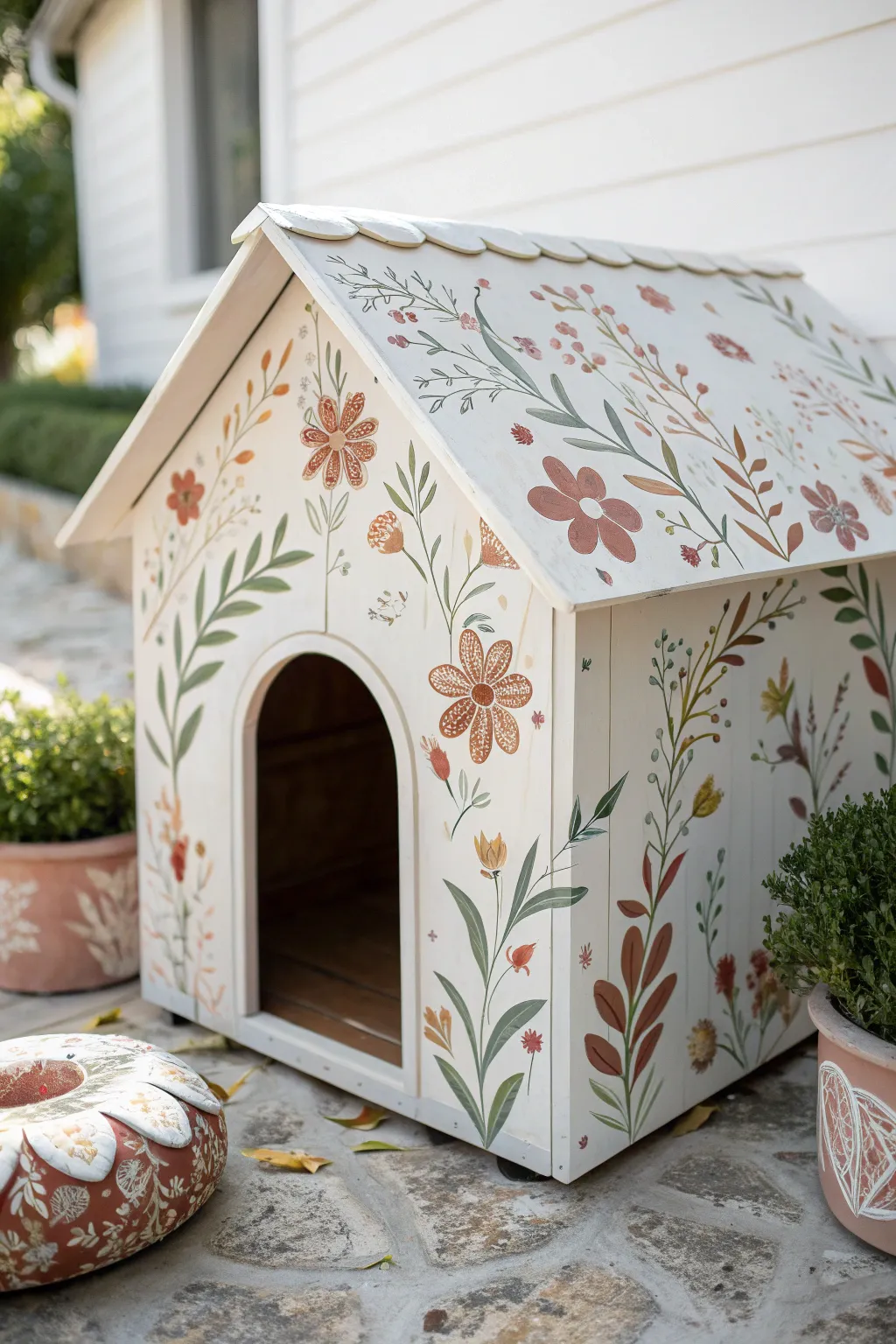Folk floral dog house detail with hand-painted blooms and crisp Scandinavian boho contrast