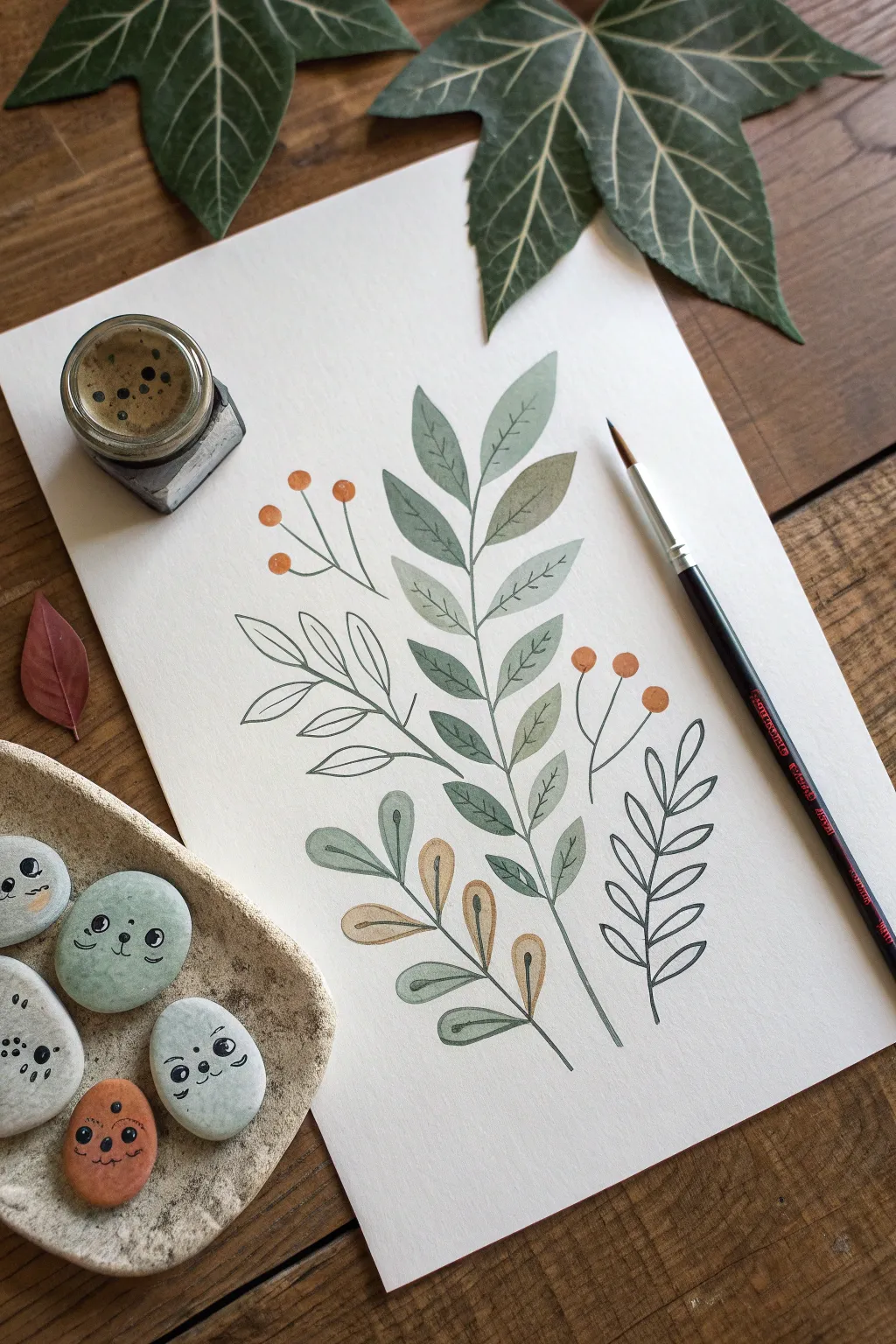 Spot the hidden creatures in negative space, crafted from simple leaves and stones in soft boho hues.