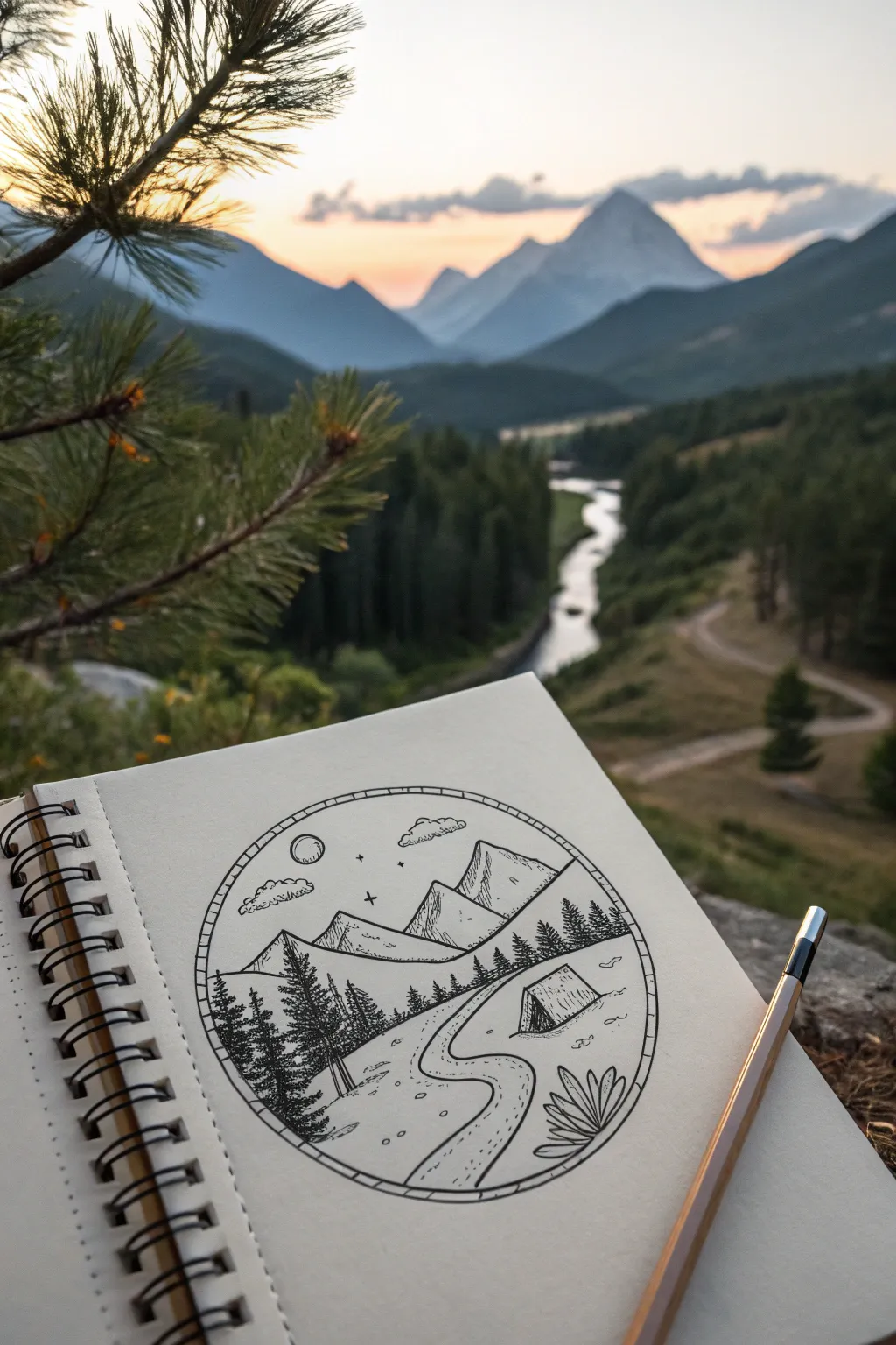 Circle landscape drawing idea: mountains, river, and a tiny cabin inside one clean circle.