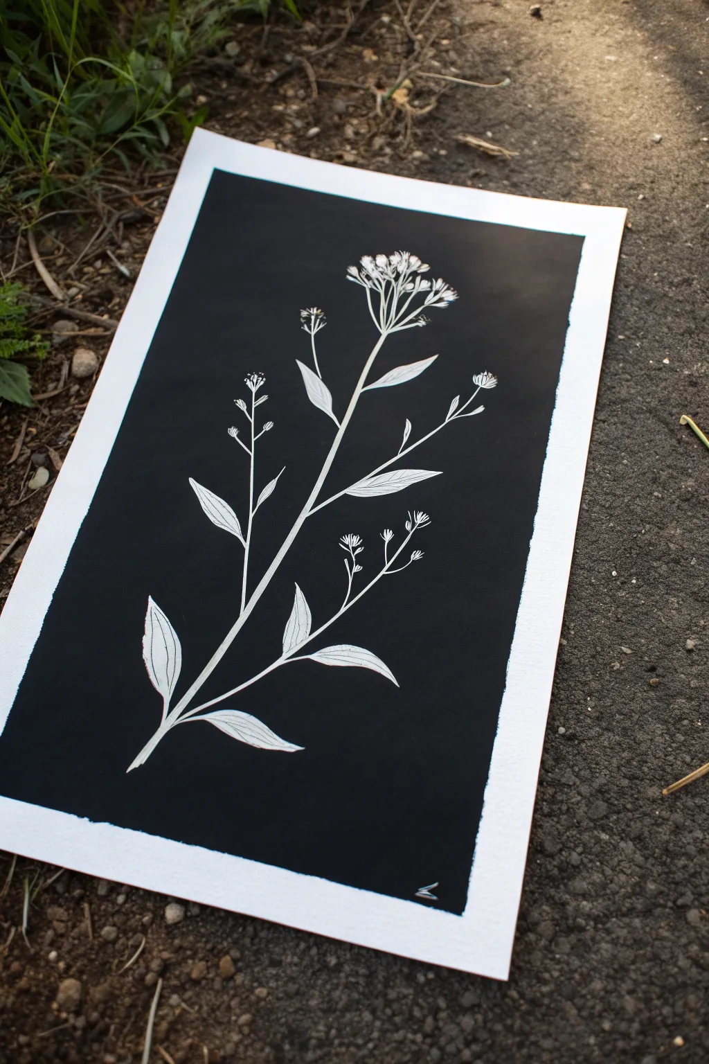 Modern negative-space botanicals on a dark ground, clean lines and calming contrast