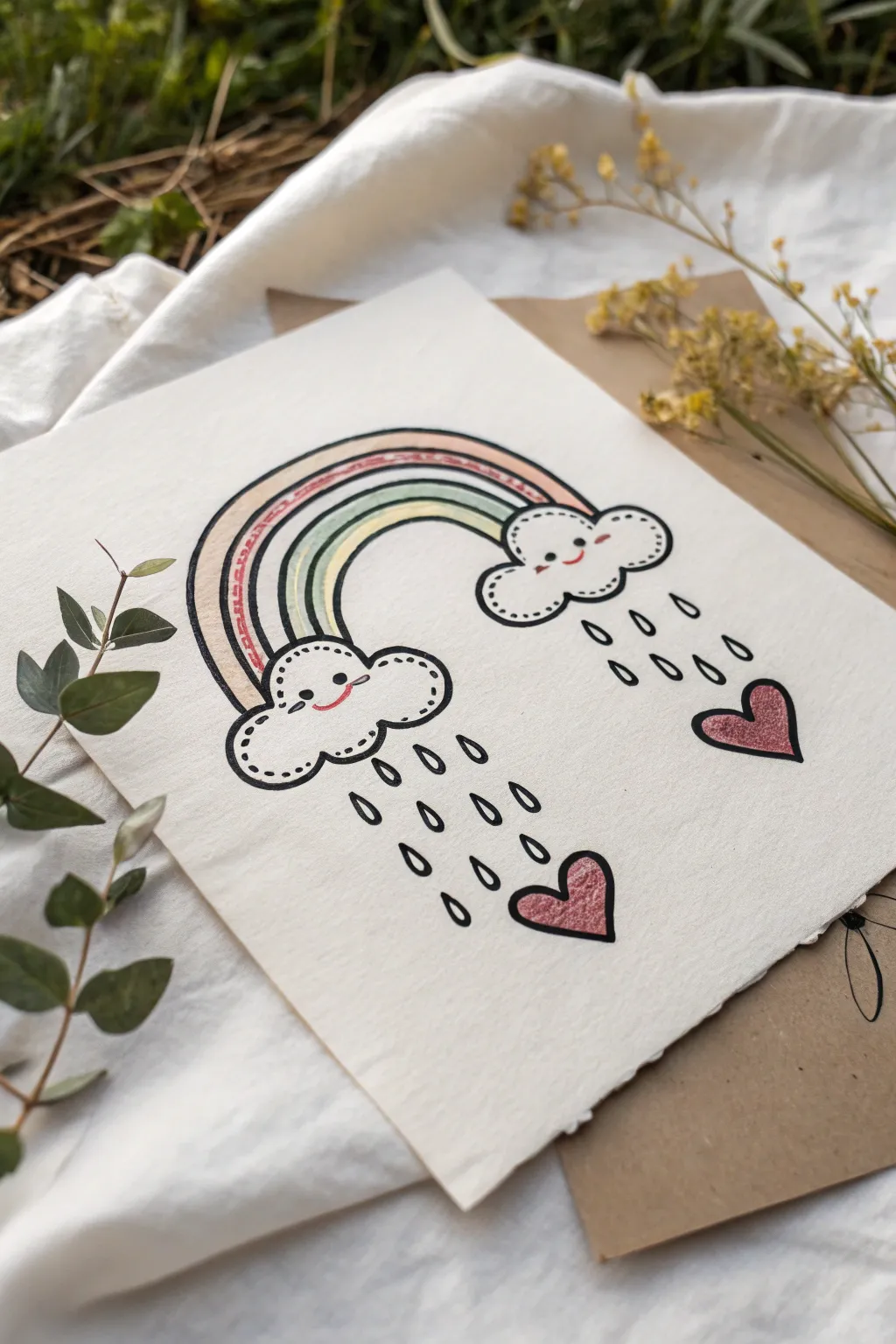 Sweet rainbow with heart raindrops in clean minimalist lines, perfect for easy drawing practice