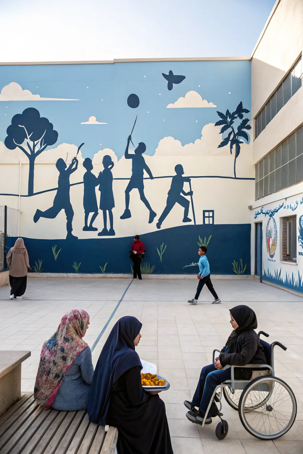 Inclusive silhouette mural: diverse students at play in sunny minimalist Scandinavian style