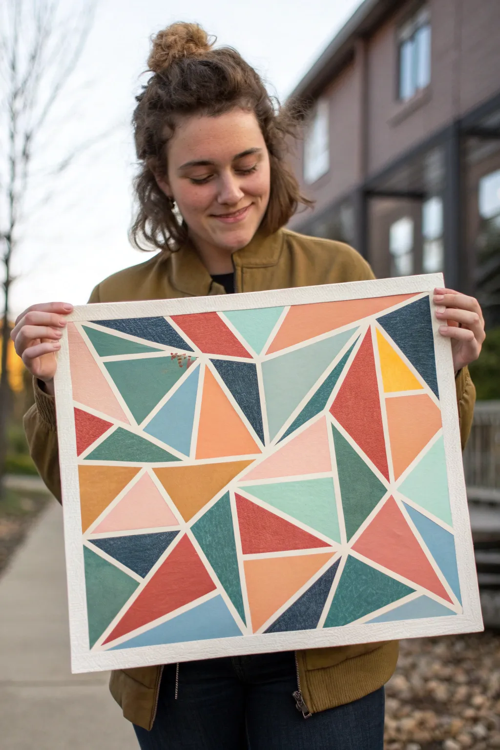 Bright synthetic cubism collage with layered paper planes and fine linework, minimalist boho vibe