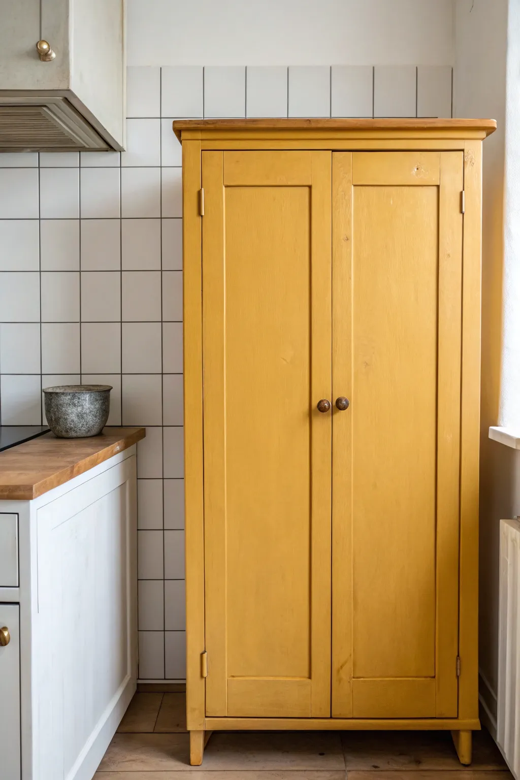 Warm mustard cupboard glow in late-afternoon light, Scandinavian minimal with a soft boho touch.