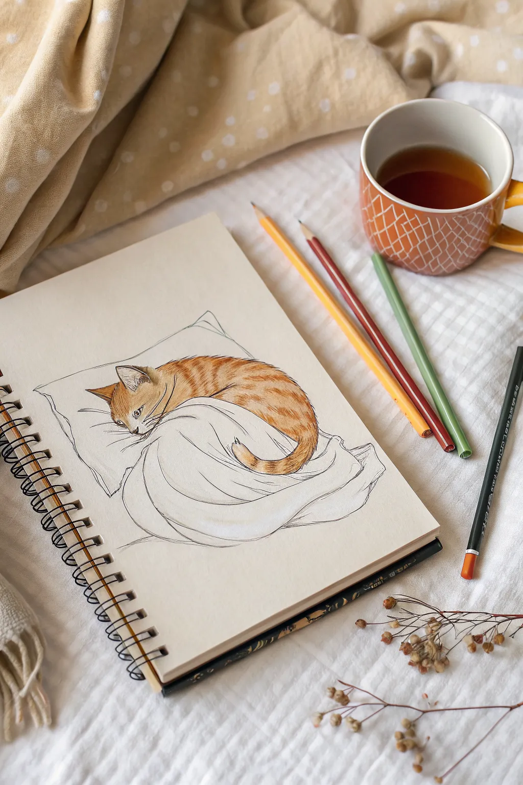 Cozy drawing idea: a sleepy curled-up cat sinking into duvet folds under warm bedside light