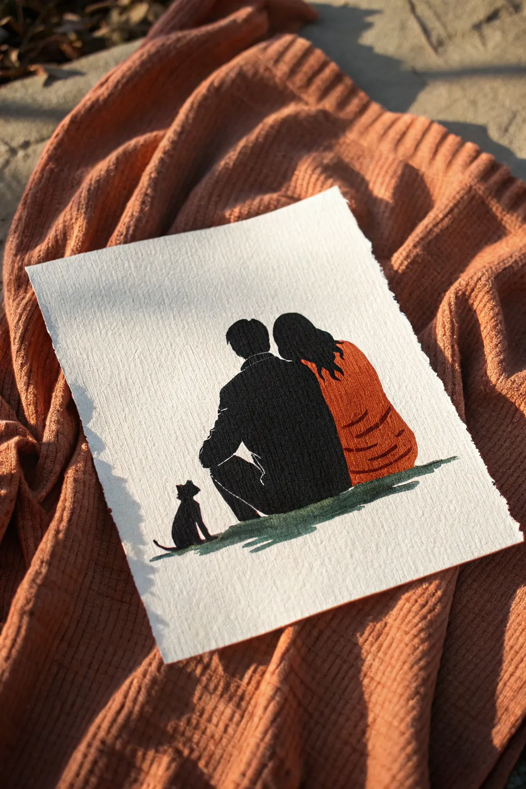 Minimalist couple-and-pet snuggle silhouette with a warm terracotta accent, cozy and modern.