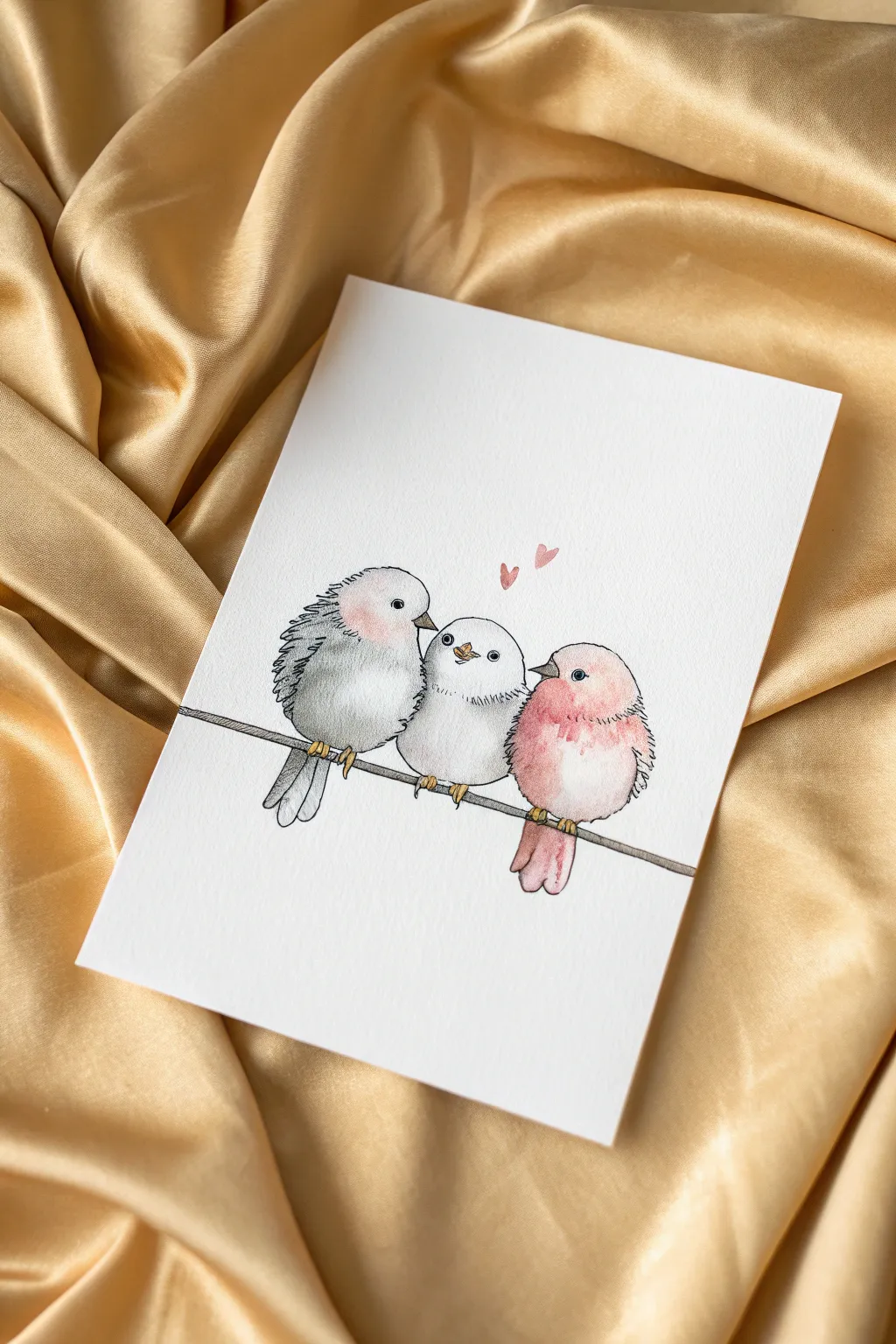 Three tiny chibi birds cuddled on a wire, minimalist and cozy for an easy cute drawing idea