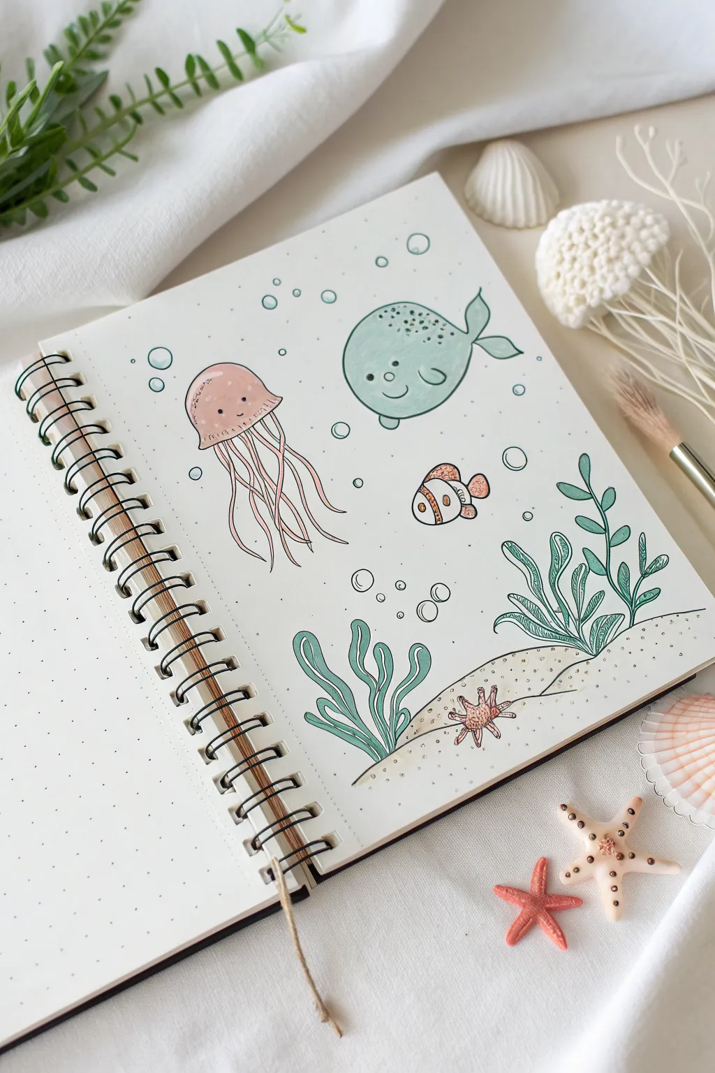 Cute sea critters in bubbles, drawn in soft pastels with clean lines and lots of airy white space.