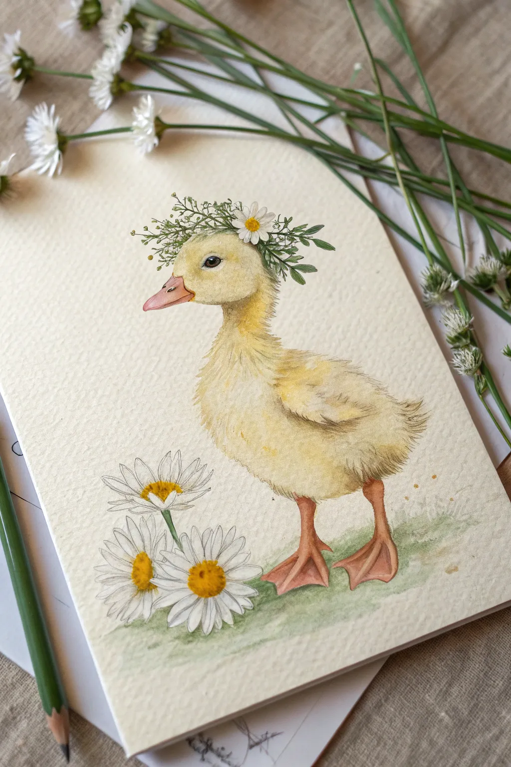 Sweet pastel duckling with daisy crown, a minimalist boho drawing idea for cozy creatives.