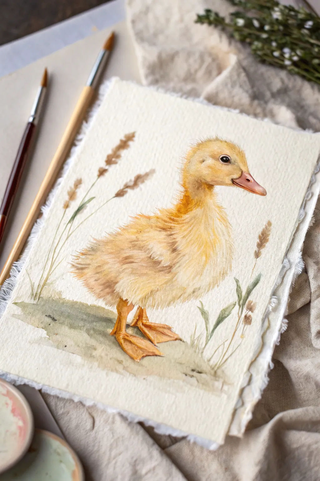 Dry-brush feather strokes make this minimalist duckling painting look extra fluffy and sweet