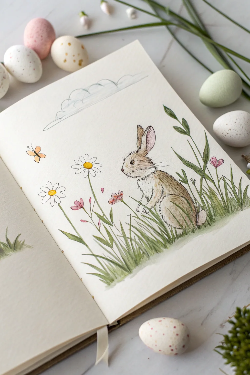 Minimal egg hunt meadow sketch in soft pastels, Scandinavian calm with a boho spring touch