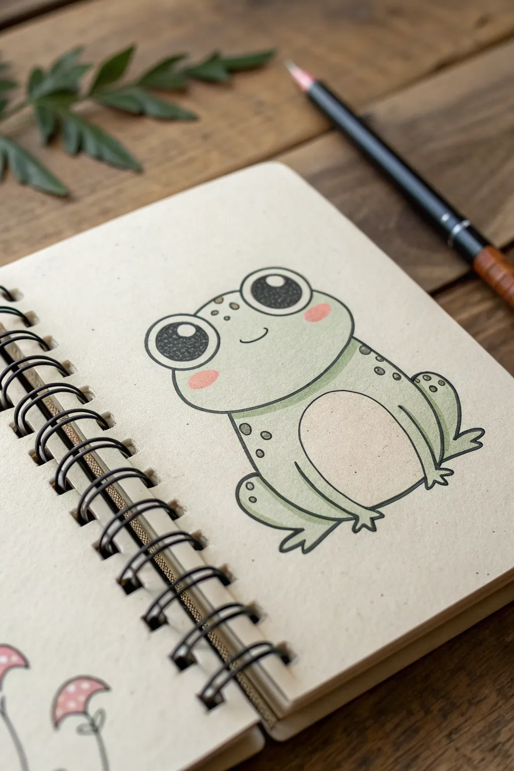Round blob frog with big eyes: a cute, easy minimalist drawing idea for your sketchbook.