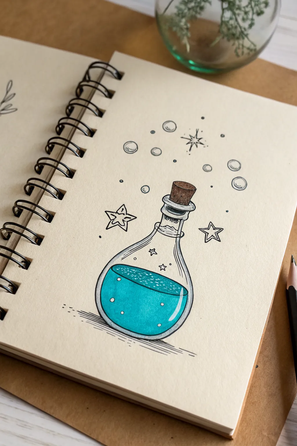 Sweet bubbling potion bottle doodle with a bright glow, perfect for easy Halloween sketches.