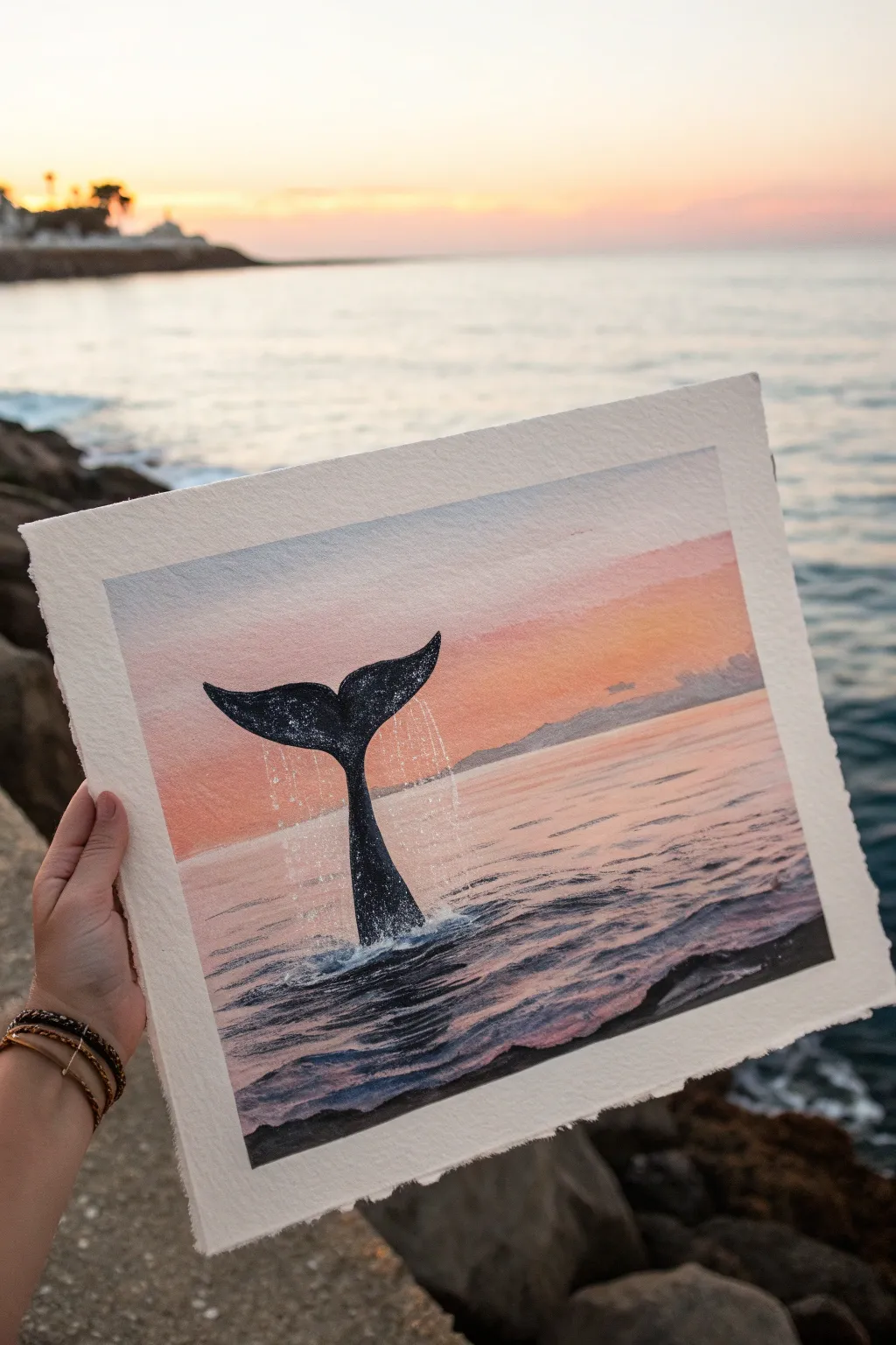 Whale tail splash silhouette in a soft sunset ocean, minimalist and easy to paint