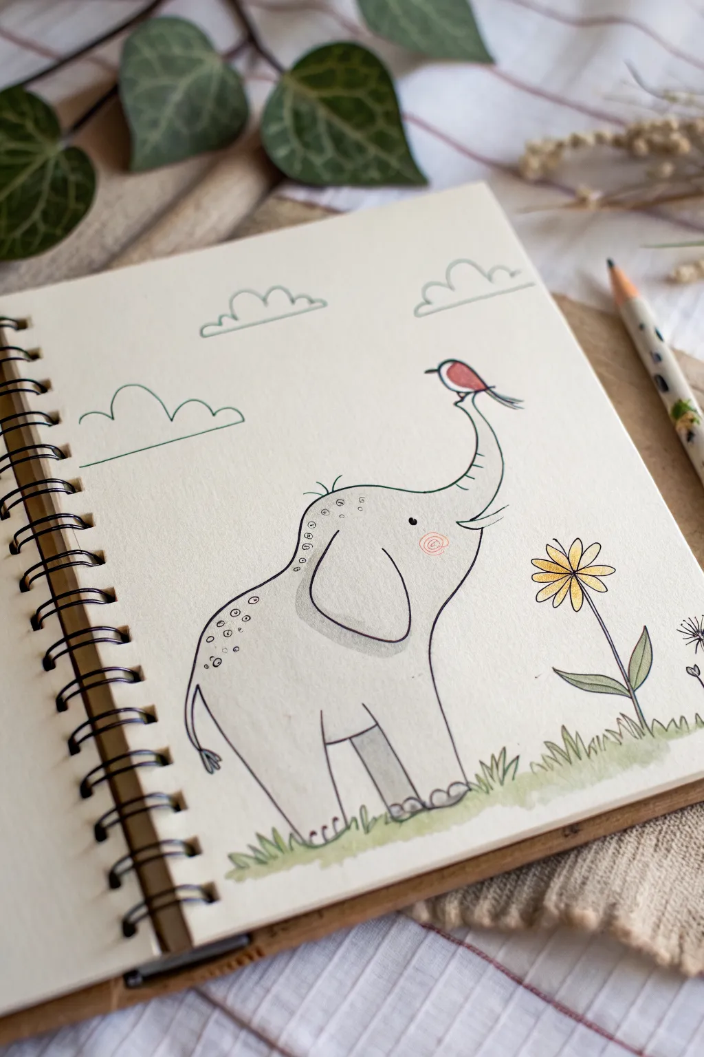 Sweet elephant and tiny bird best friends, minimalist sketch with cozy Scandinavian boho feel