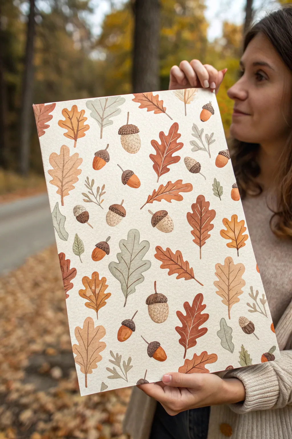 Sweet acorn and oak leaf repeat in warm watercolor tones, perfect for cozy fall wall art.