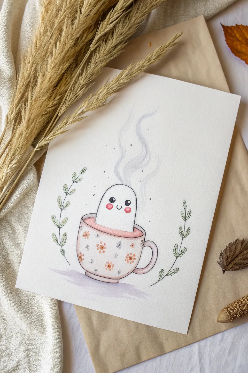 A sweet little ghost peeking from a pastel teacup, with soft boho steam curls