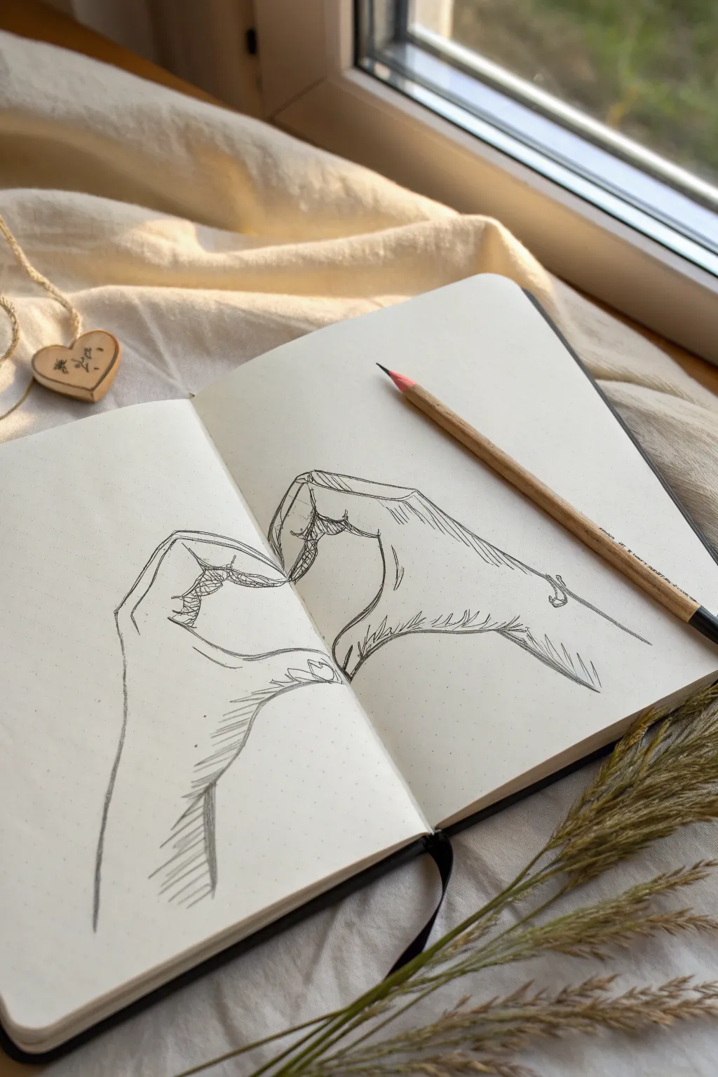 Draw two foreshortened hands making a heart, with a tiny character framed inside today
