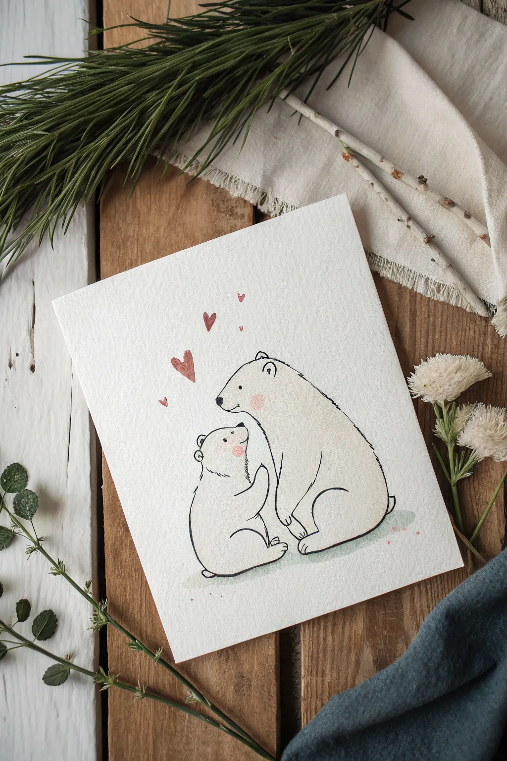 Simple mama bear and cub sketch with heart noses, perfect for a sweet Mothers Day drawing