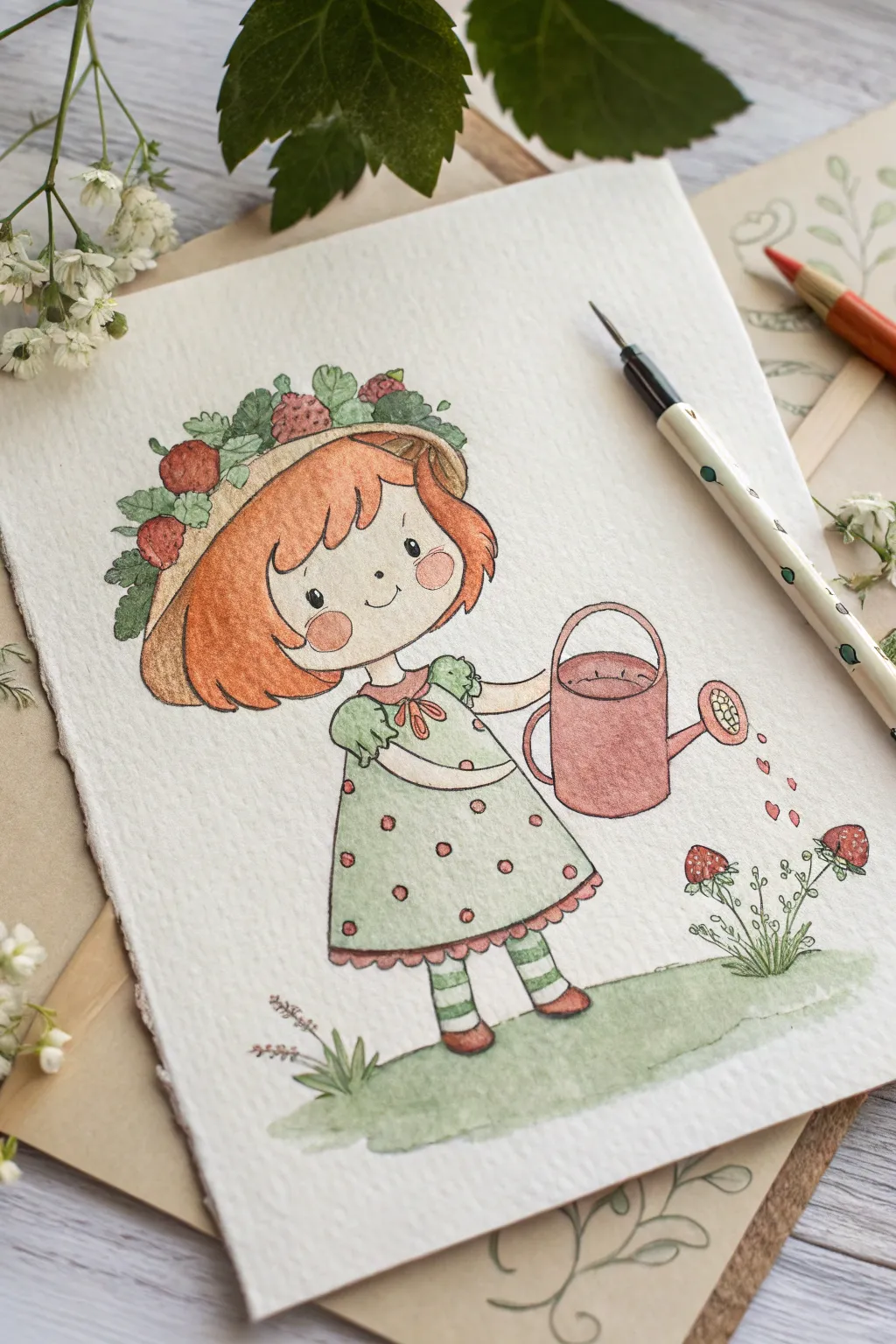 Sweet strawberry patch gardener sprite OC idea in rosy reds and soft greens, minimalist boho.