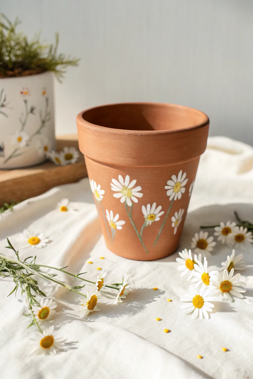 Simple terra cotta pot with tiny daisy scatter and one charming imperfect bloom up front.