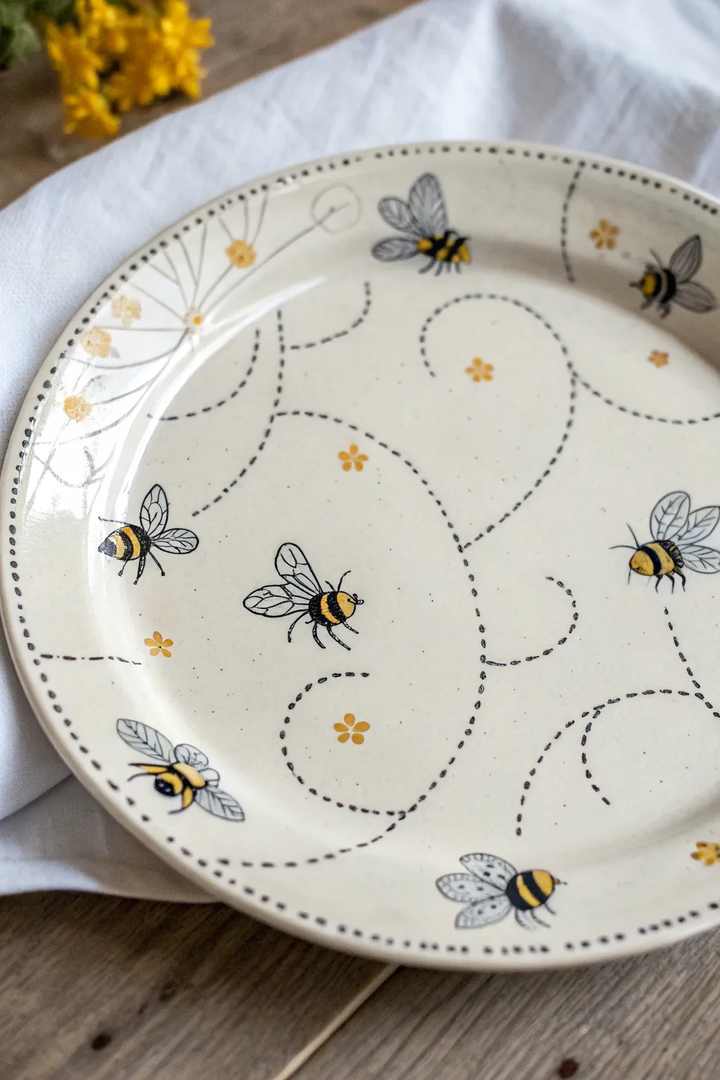 Sweet bumblebee and blossom plate pattern, simple Scandinavian boho pottery painting inspiration.
