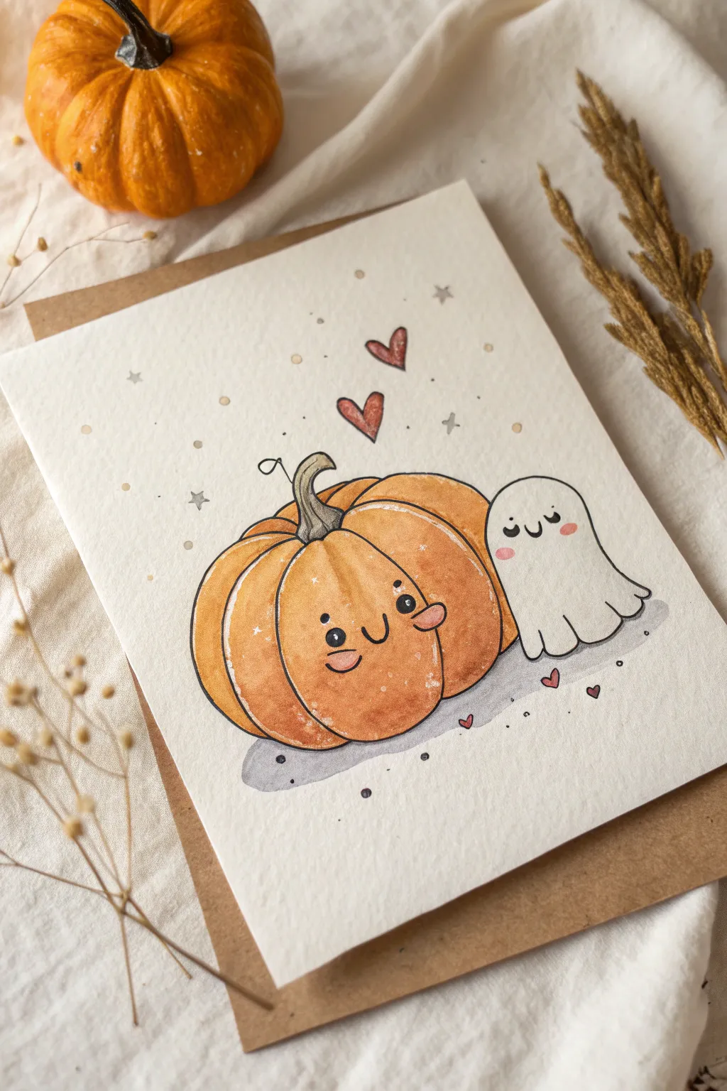 Adorable pumpkin hugging a friendly ghost in a minimalist boho style, perfect for cozy fall art