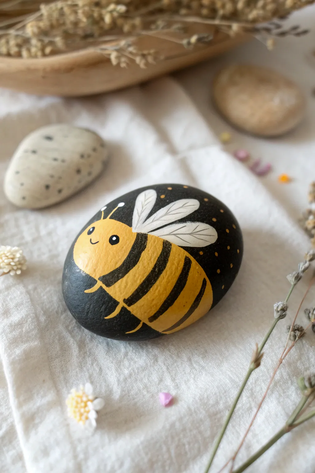 Bumblebee stripe rock with bold contrast, tiny wings, and soft yellow petals on linen