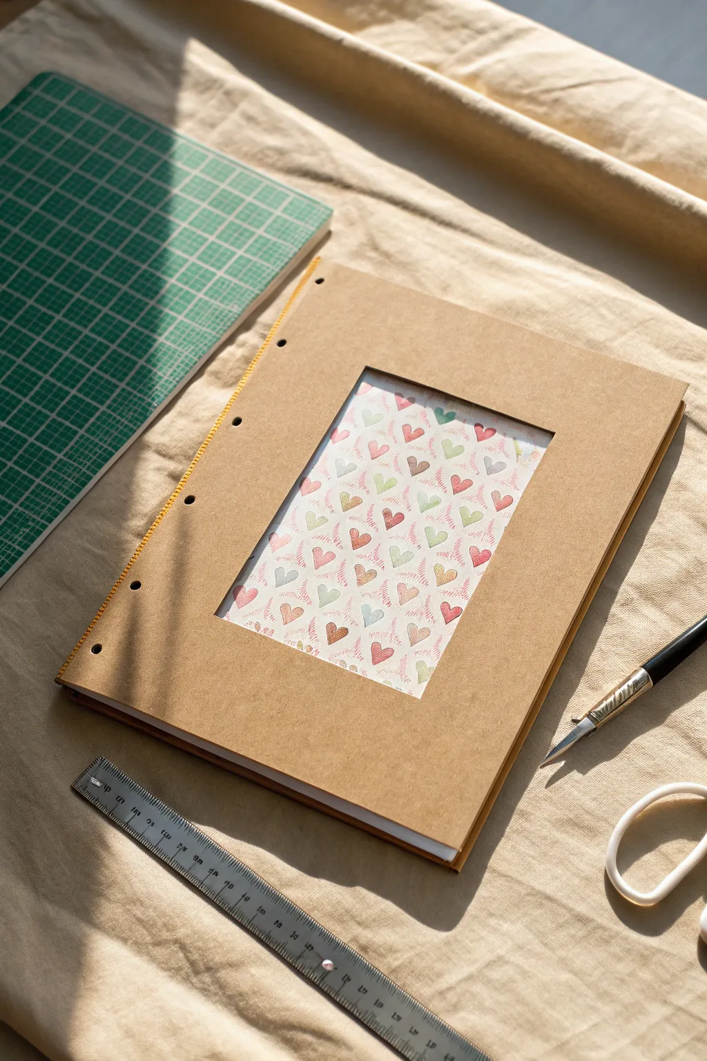 Minimal window-cutout sketchbook cover revealing a sweet hidden pattern and layered handmade depth.