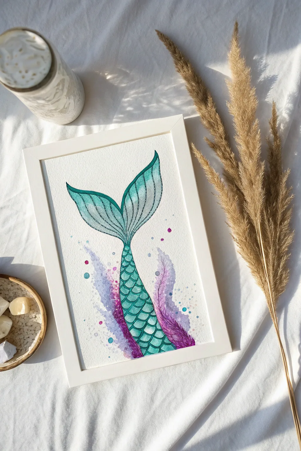 Bring ocean magic to your canvas with this glittering mermaid tail painting idea perfect for summer days.