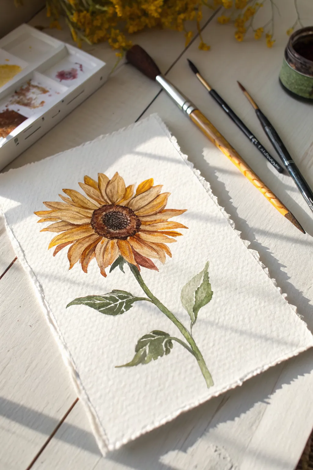 Loose brushstroke sunflower close-up with warm minimalist contrast, perfect for easy cute painting