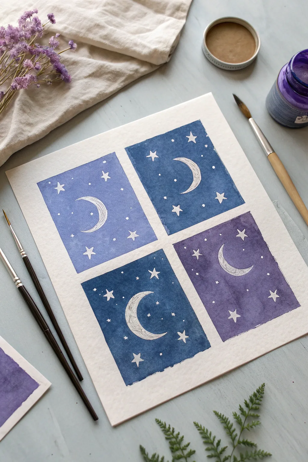 Dreamy mini night skies in watercolor, with glowing stars and a crescent moon on minimalist paper.