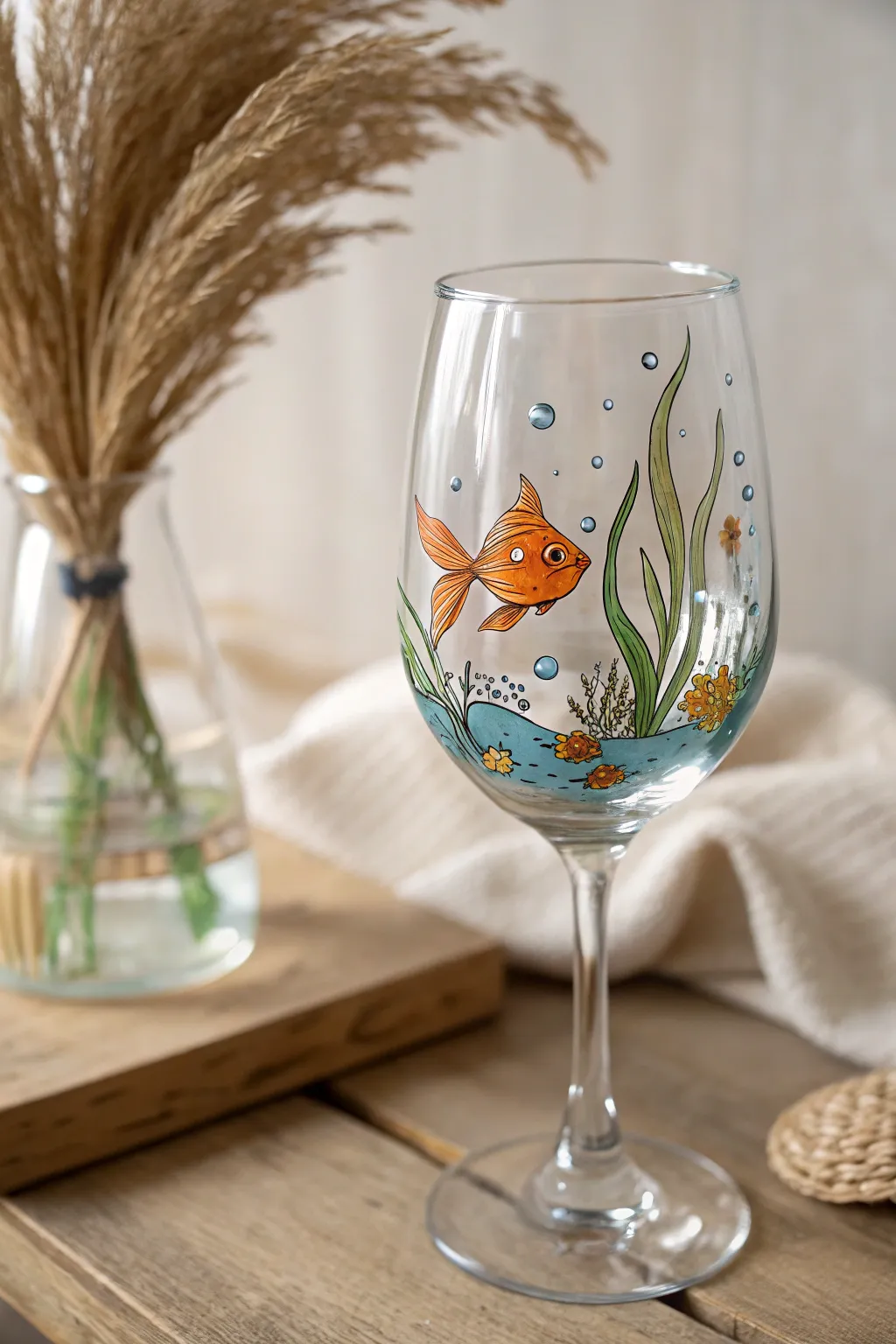Turn your glass into a mini aquarium with this whimsical hand-painted goldfish design.