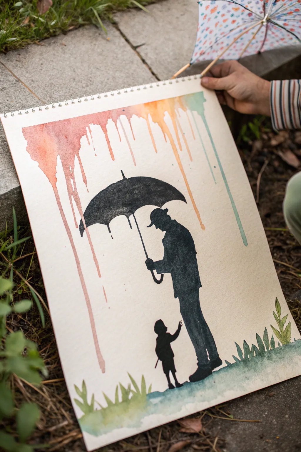 Minimal umbrella silhouette painting with colorful drip rain, perfect for a heartfelt dad birthday.