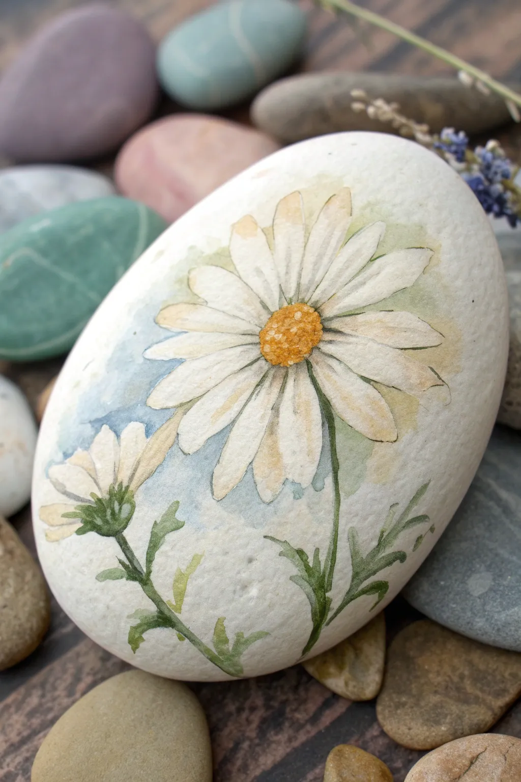 Soft blended watercolor daisy on a rock with a dreamy gradient wash, minimal boho and beginner-friendly