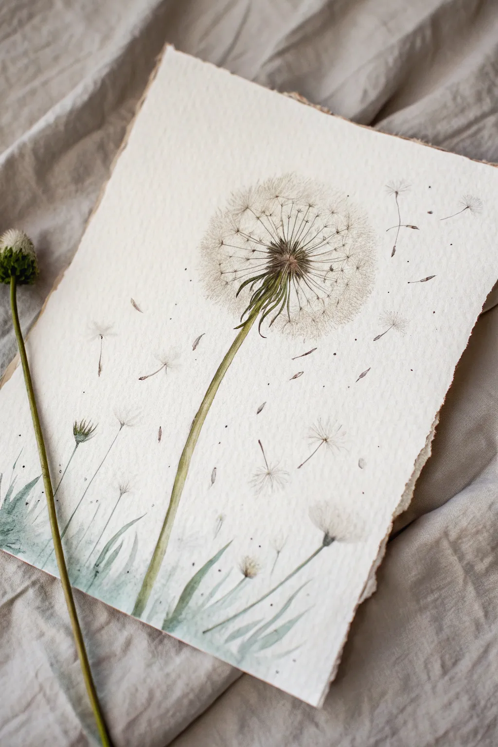 Splatter seed drift adds lively motion to a minimalist dandelion puff in boho neutrals