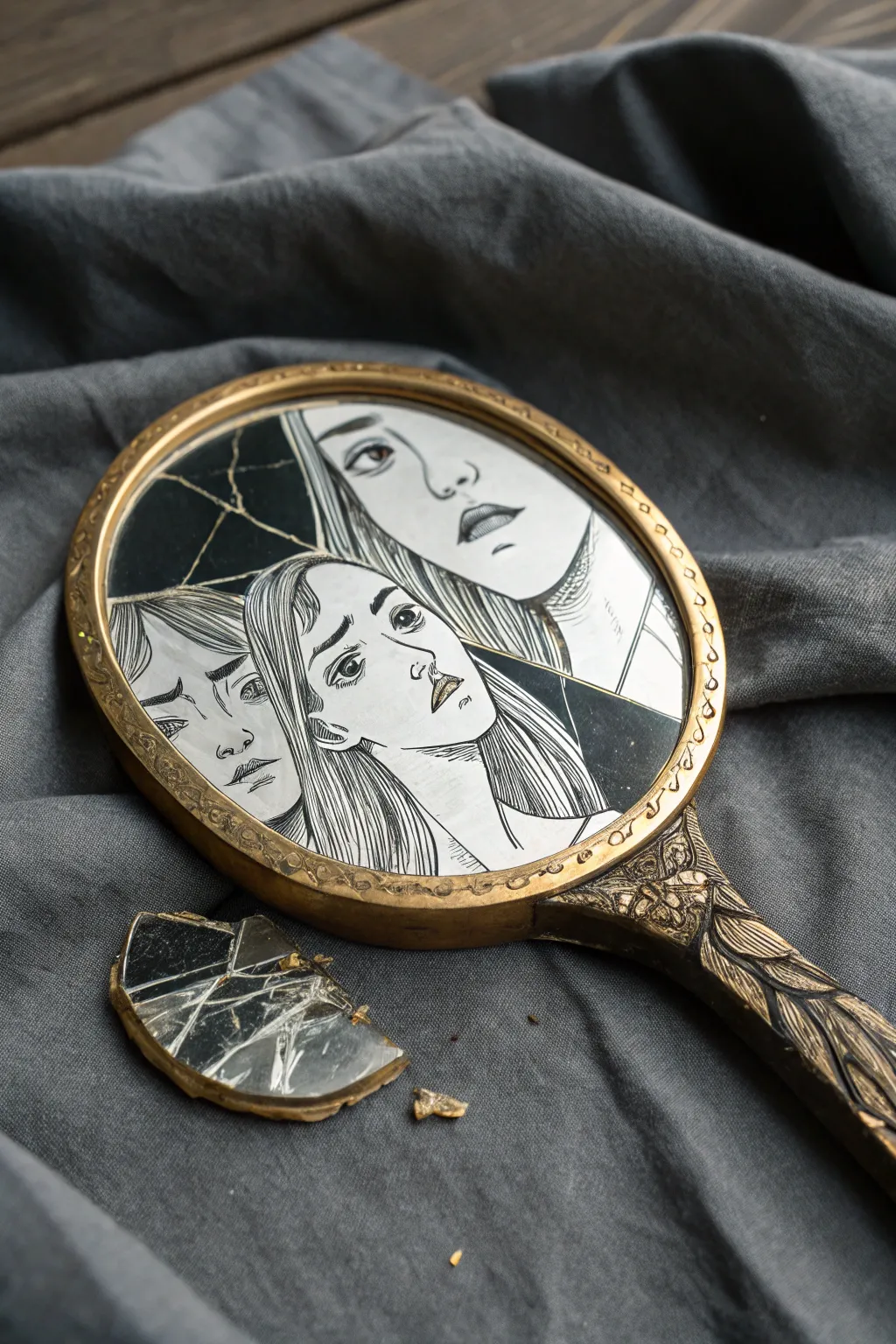 Broken mirror shards reveal shifting anime expressions on a dark, minimalist backdrop.