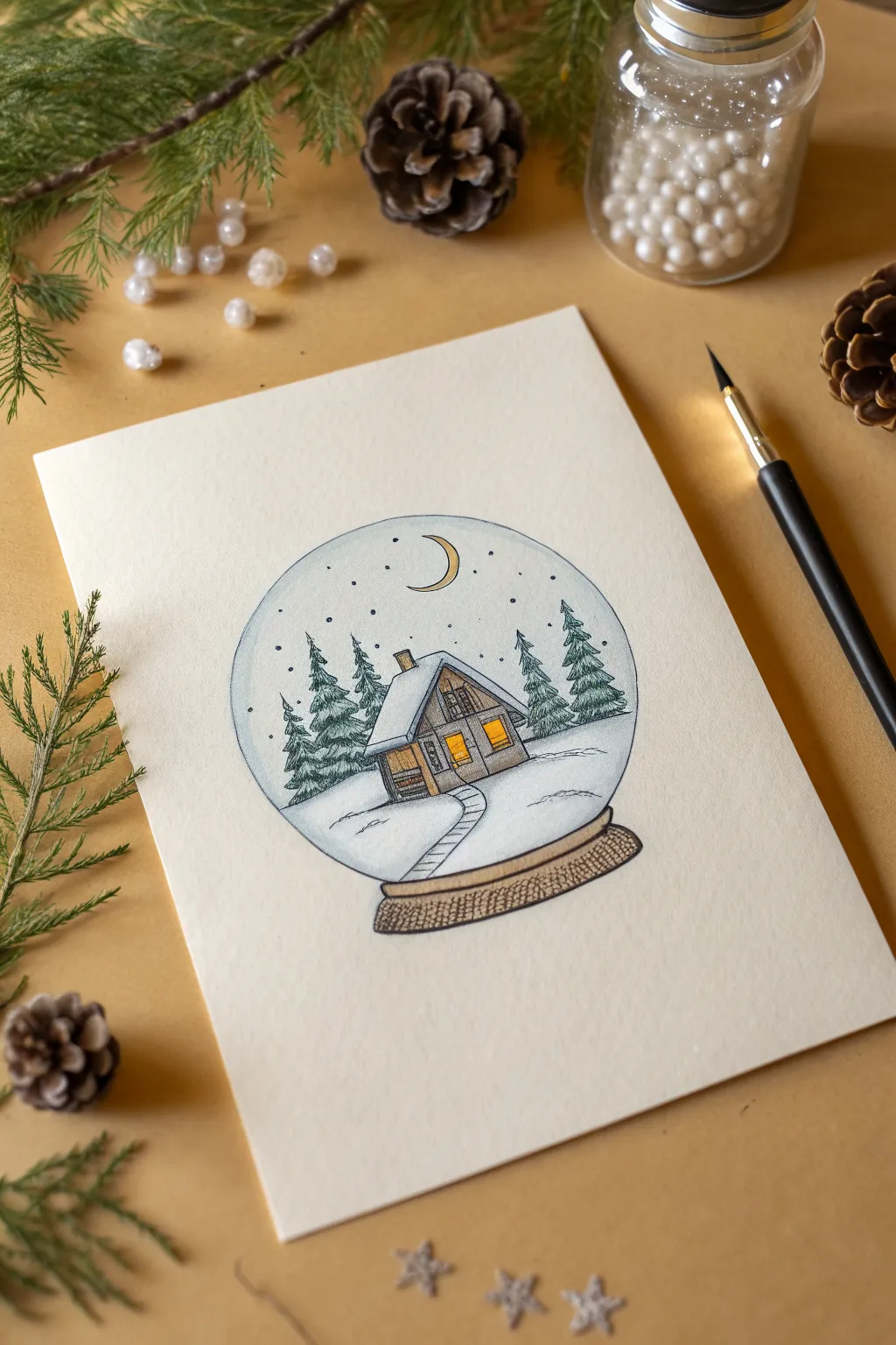 Cozy snow globe circle sketch with cabin and pines, perfect for simple December drawing practice