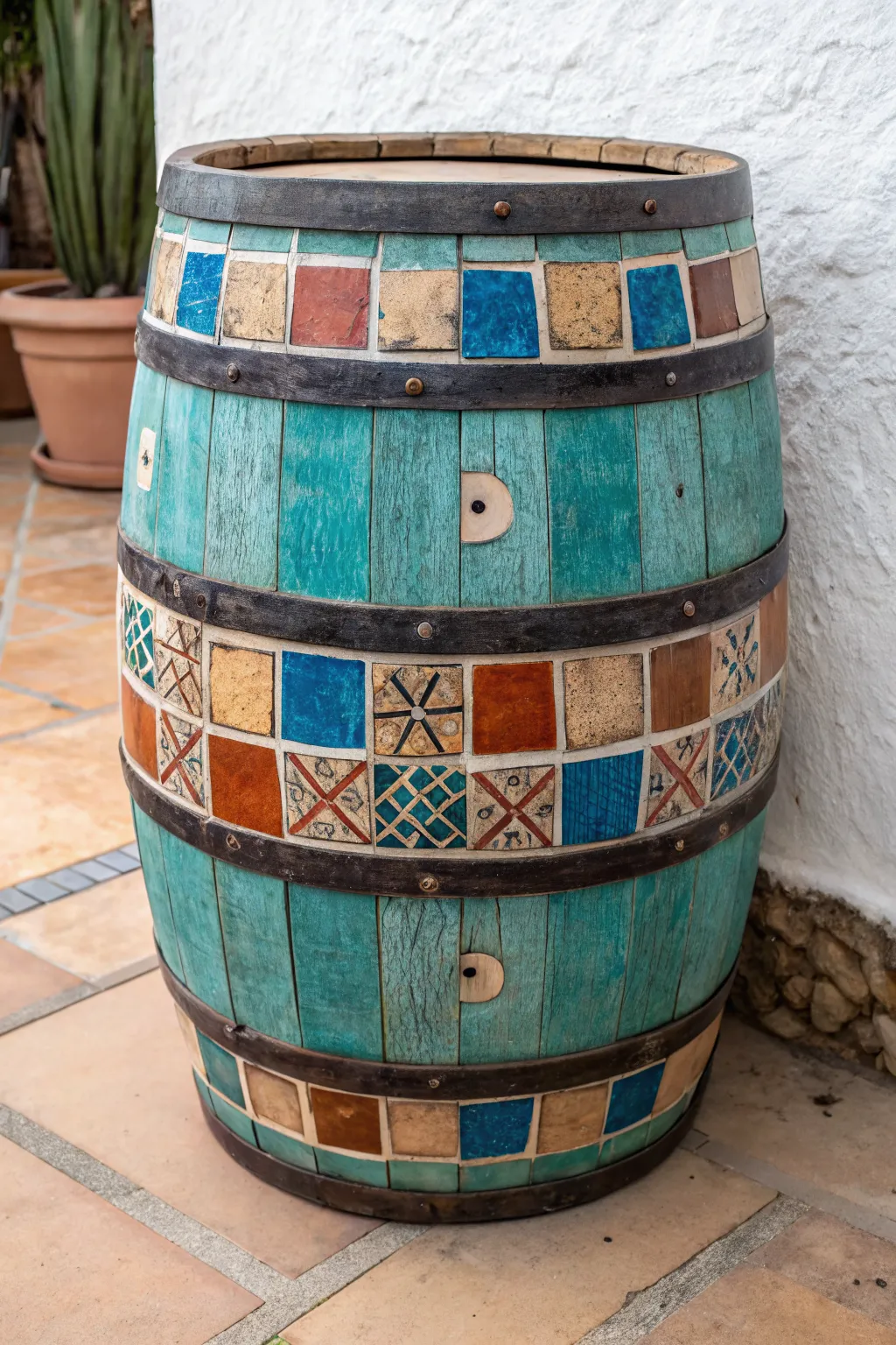Mosaic tile patch painted barrel with vibrant color blocks, crisp grout lines, and soft patio herbs