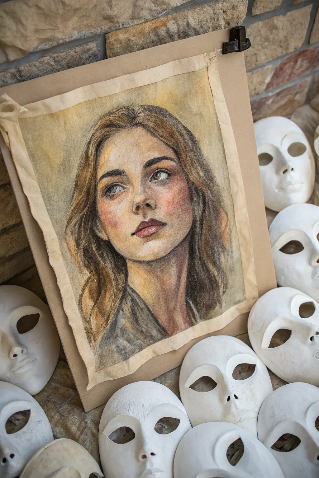 Deep painting idea: a single portrait wrapped in layered masks to explore identity and social armor