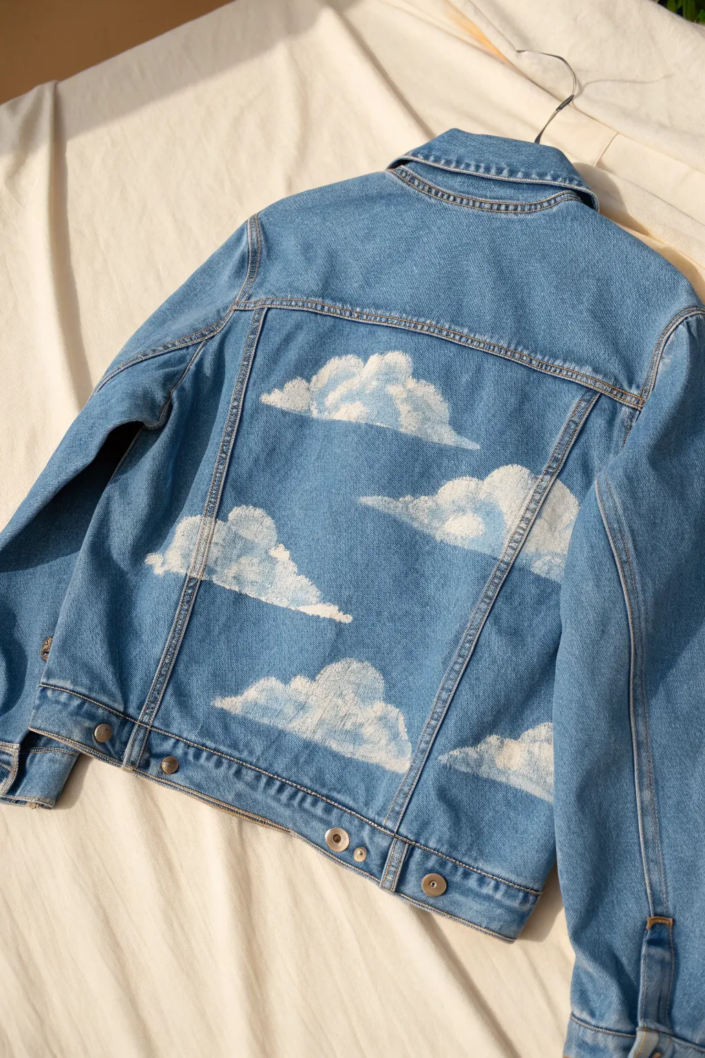 Soft hand-painted clouds drifting across a denim jacket shoulder, minimalist boho DIY inspiration.