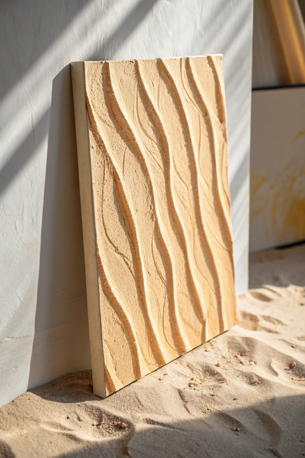 Warm palette-knife sand ripples in high-contrast light, a minimalist desert texture study