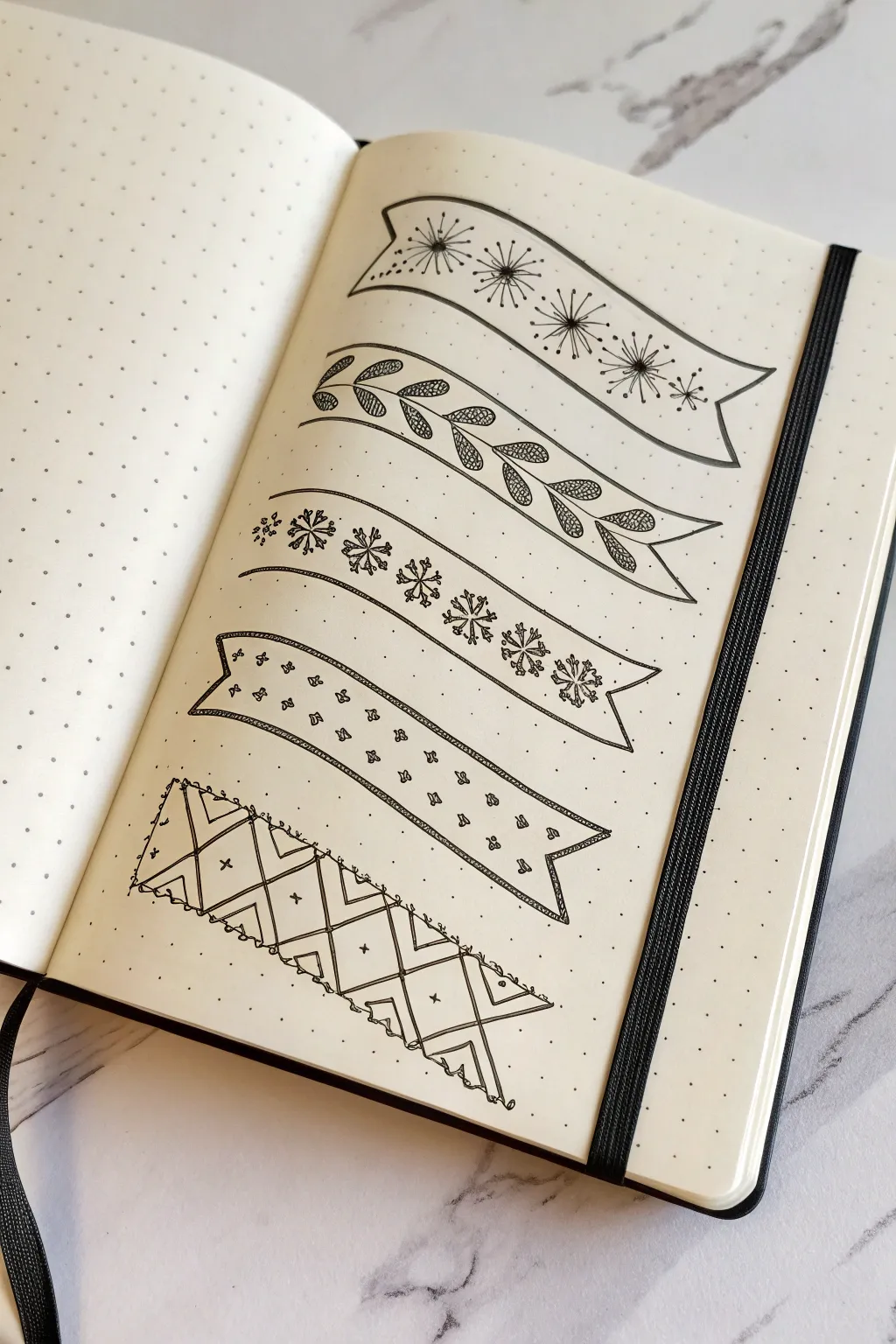 Curling ribbon banner idea with crisp sections, each fold filled with a new repeating pattern