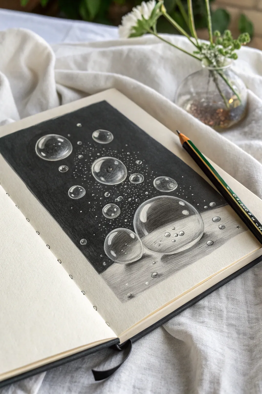 High-contrast bubble refraction study with crisp highlights against a deep, velvety underwater shadow.