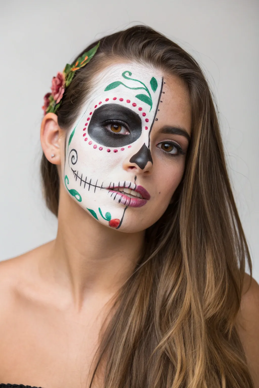 Half-face sugar skull makeup: clean center split with minimalist boho styling and bold contrast