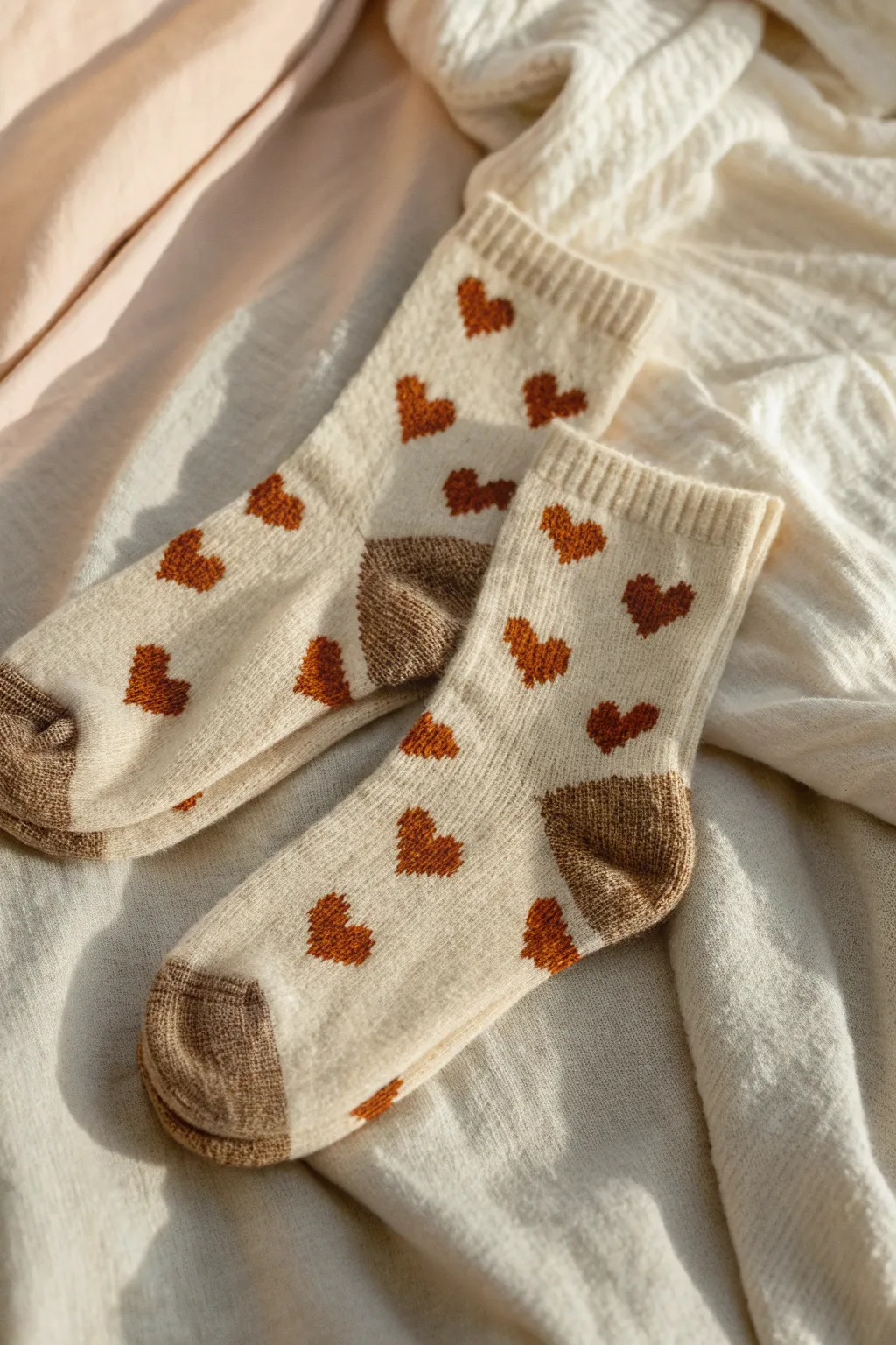 Cute heart and dot fabric paint grips add cozy non-slip traction to minimalist socks.