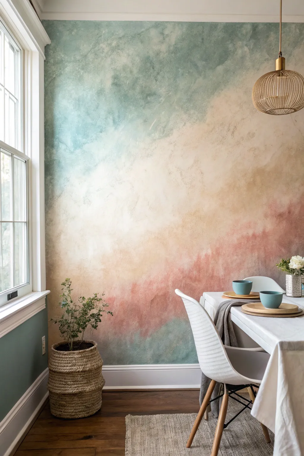 Soft plaster ombré mural from sand to misty blue, showing handcrafted texture for calm dining vibes