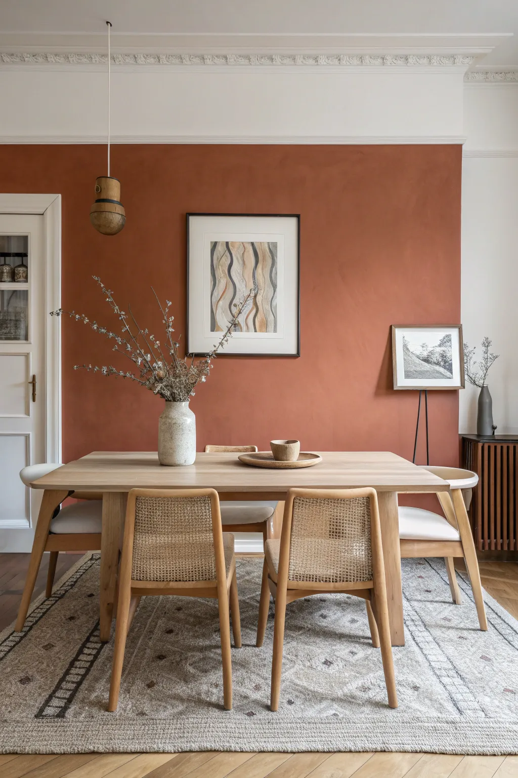 Deep terracotta accent wall behind the table creates a bold, calm focal point with Nordic warmth
