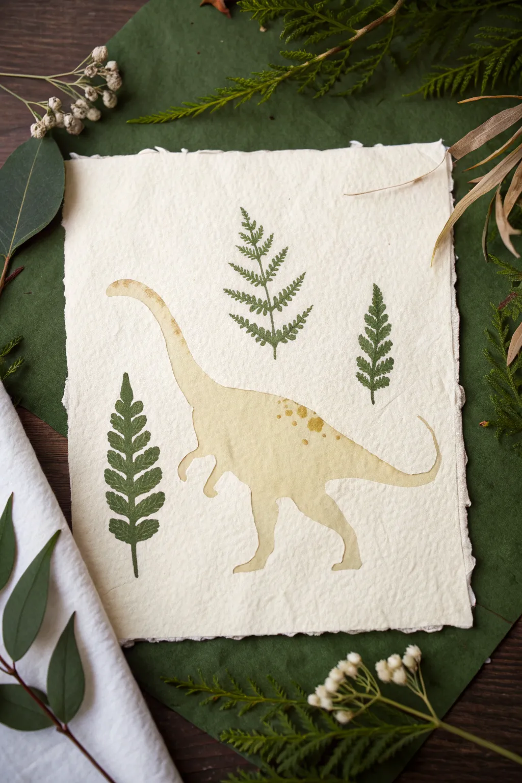 Stencil-style dinosaur in negative space with leafy wash and splatter, minimal yet bold