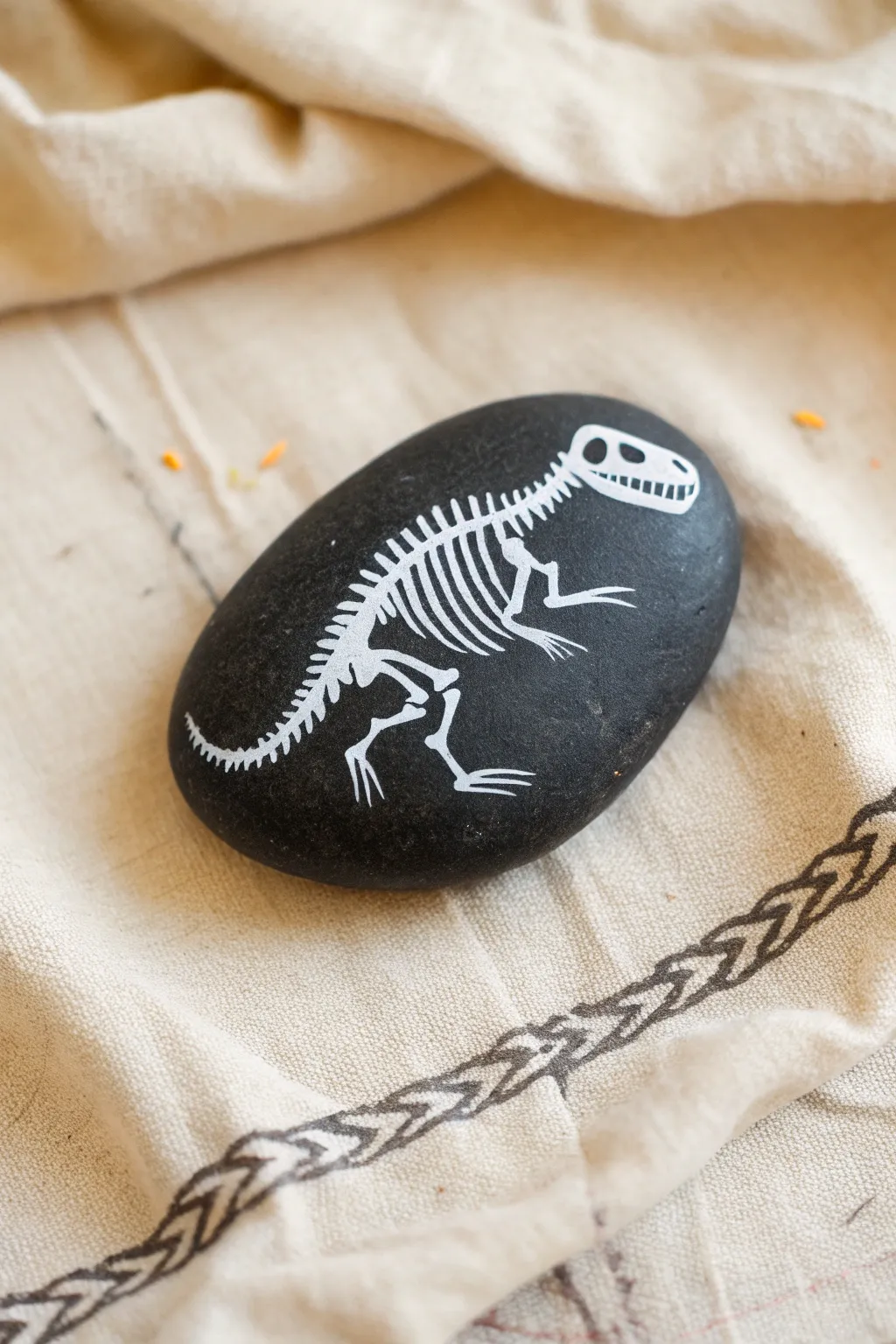 Minimal fossil dino skeleton on dark stone, clean white lines for easy rock painting.